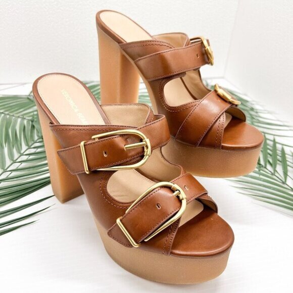 Veronica Beard Garrick Brown Leather Dual Buckle Platform Sandals Size 9M NWB - Picture 1 of 11